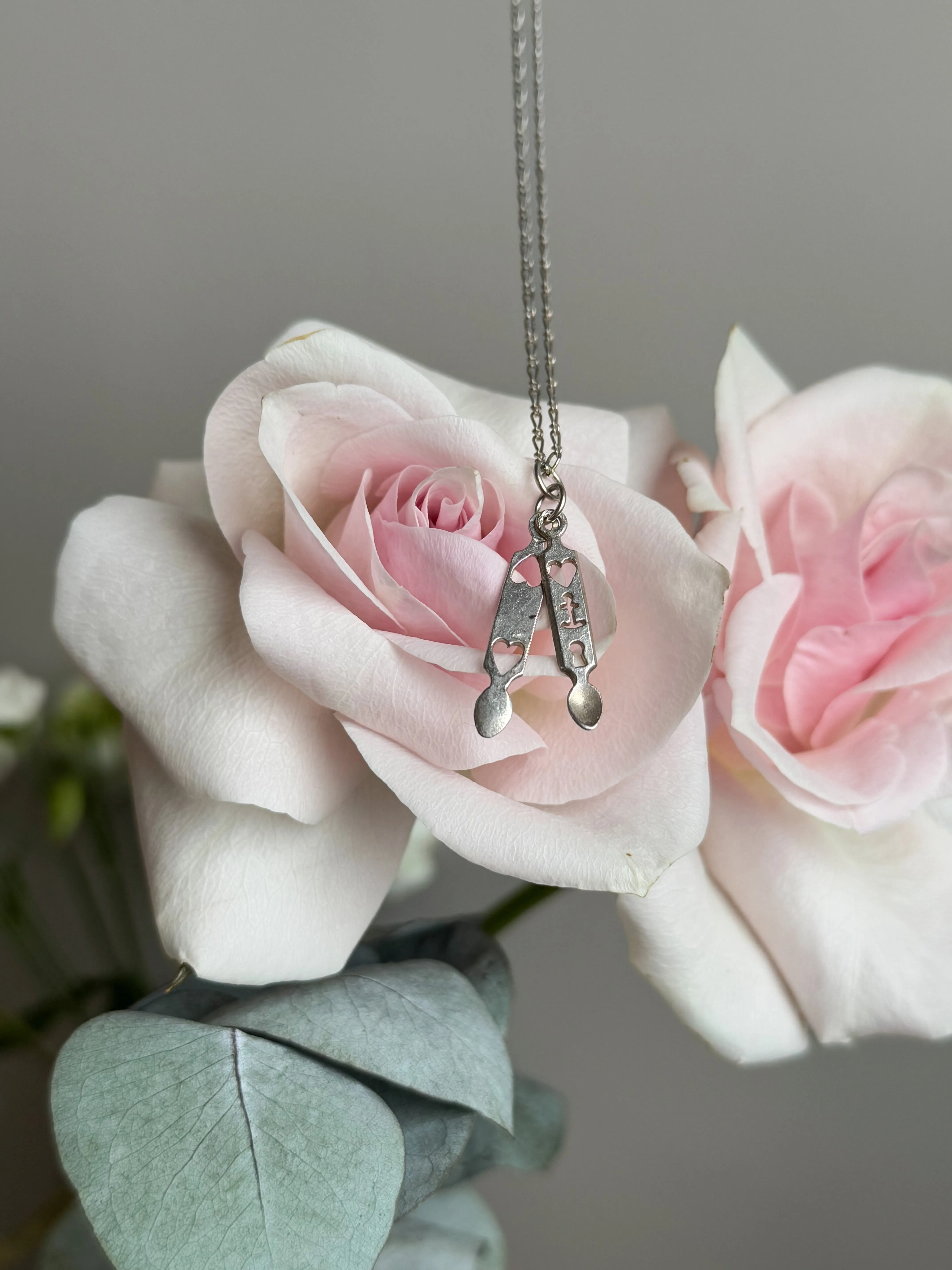 Vintage 925 Sterling Silver Double Welsh Love Spoon Necklace