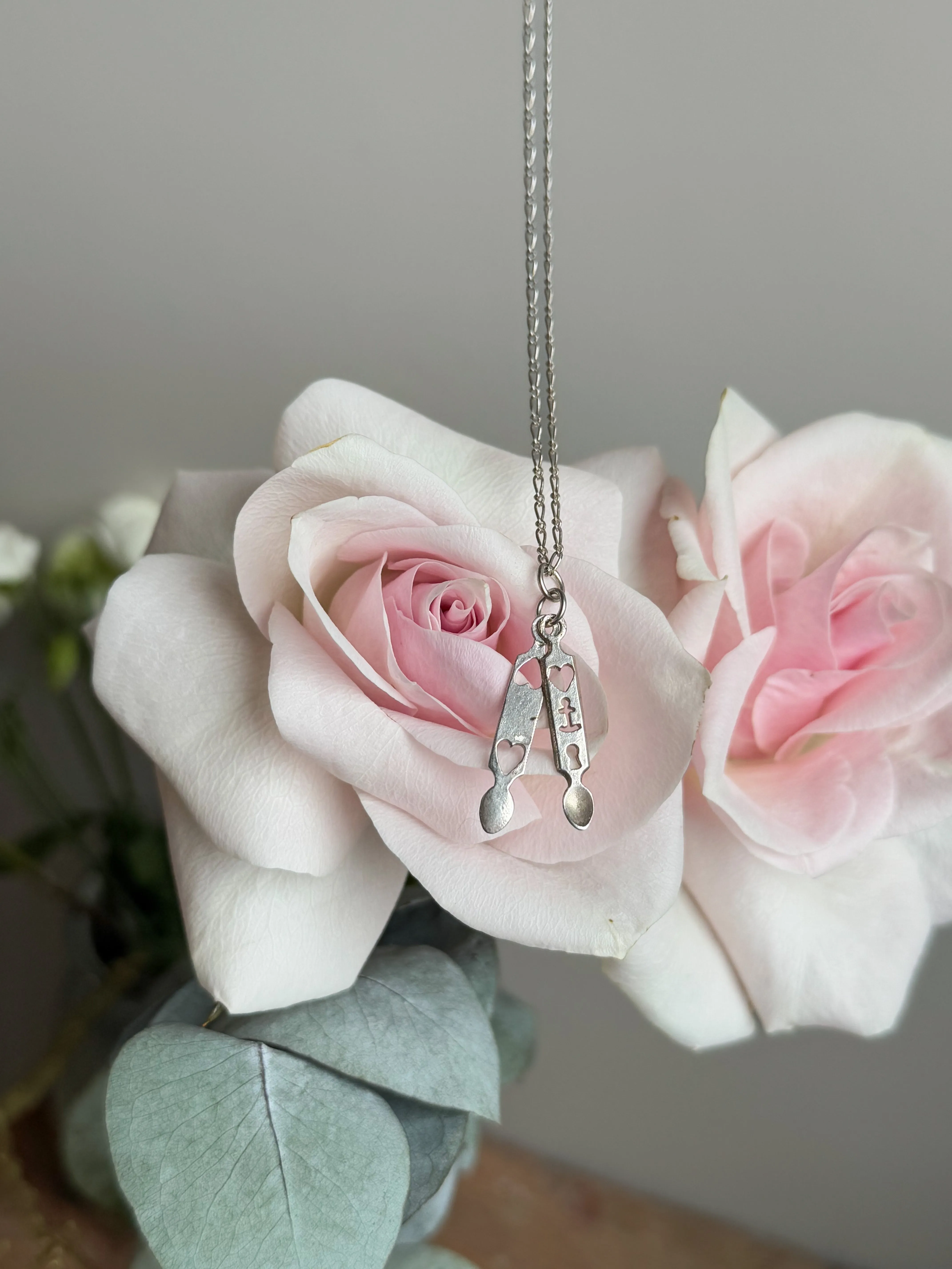Vintage 925 Sterling Silver Double Welsh Love Spoon Necklace