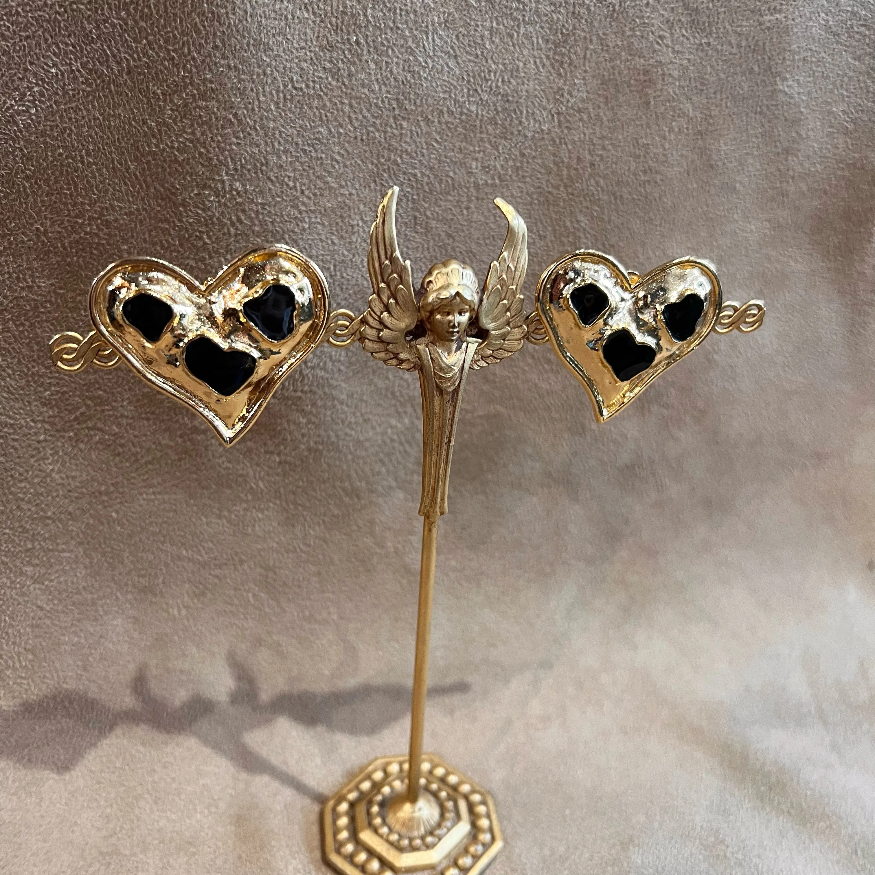 Vintage Black Enamel Gold Plated  Heart Clip on Earrings