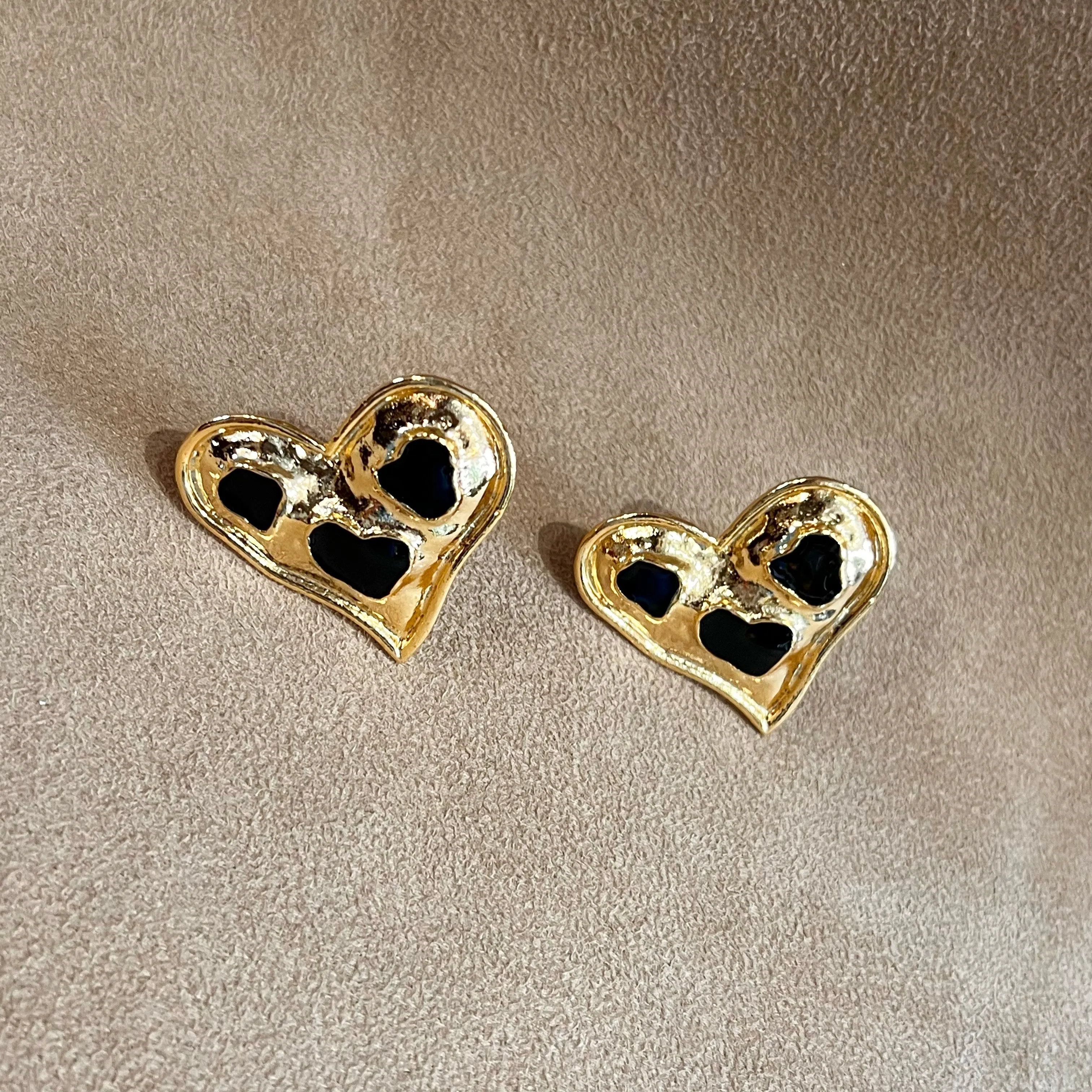 Vintage Black Enamel Gold Plated  Heart Clip on Earrings
