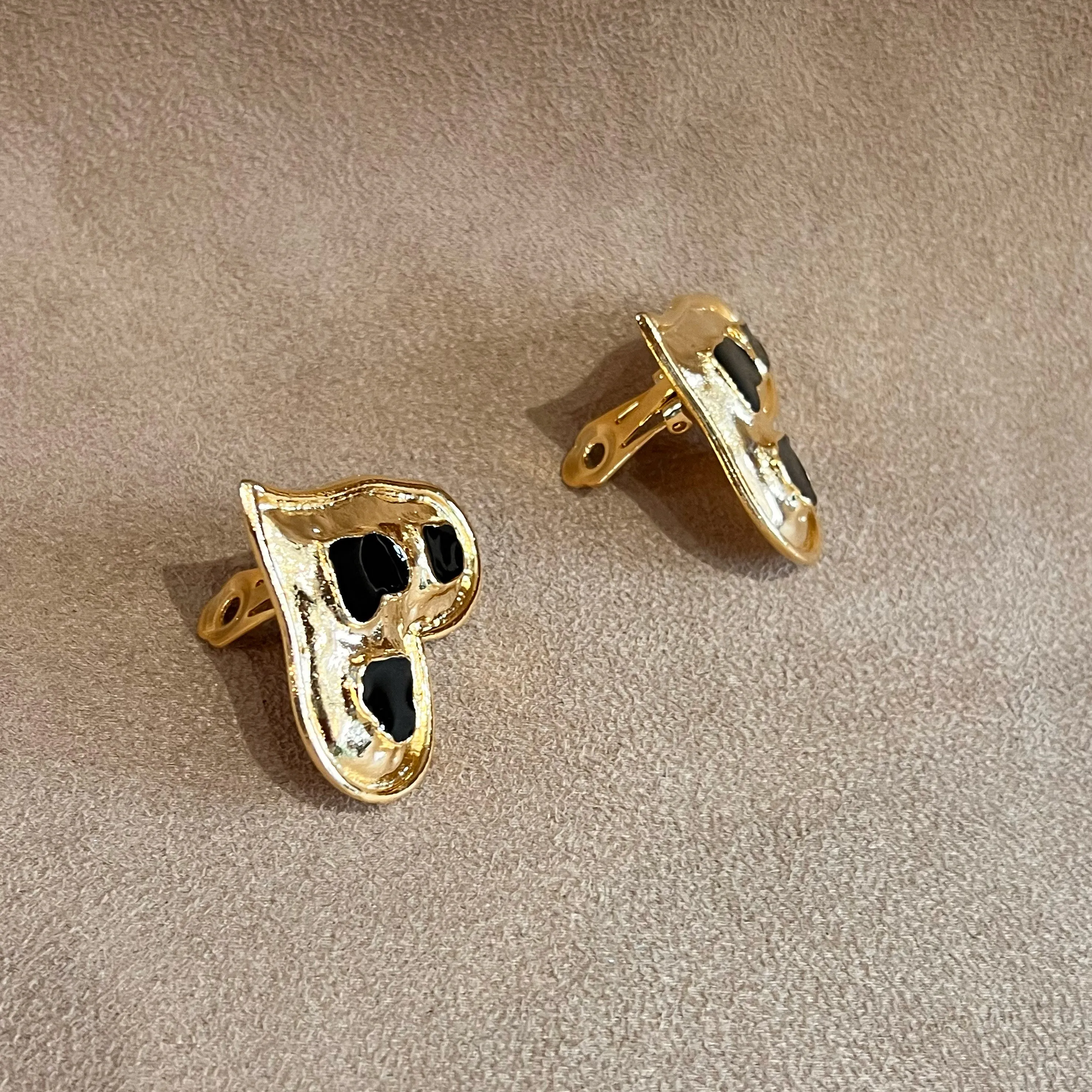 Vintage Black Enamel Gold Plated  Heart Clip on Earrings