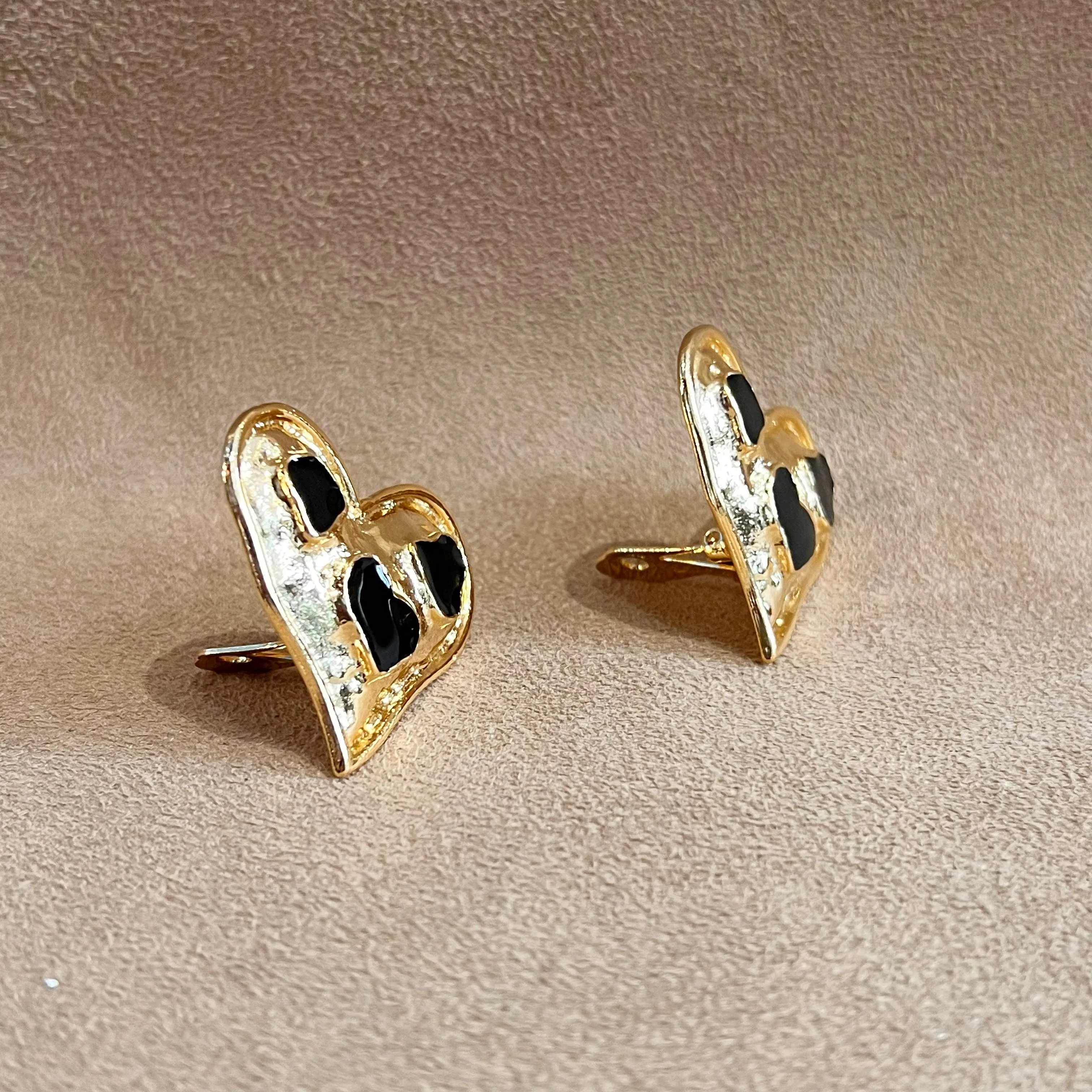 Vintage Black Enamel Gold Plated  Heart Clip on Earrings