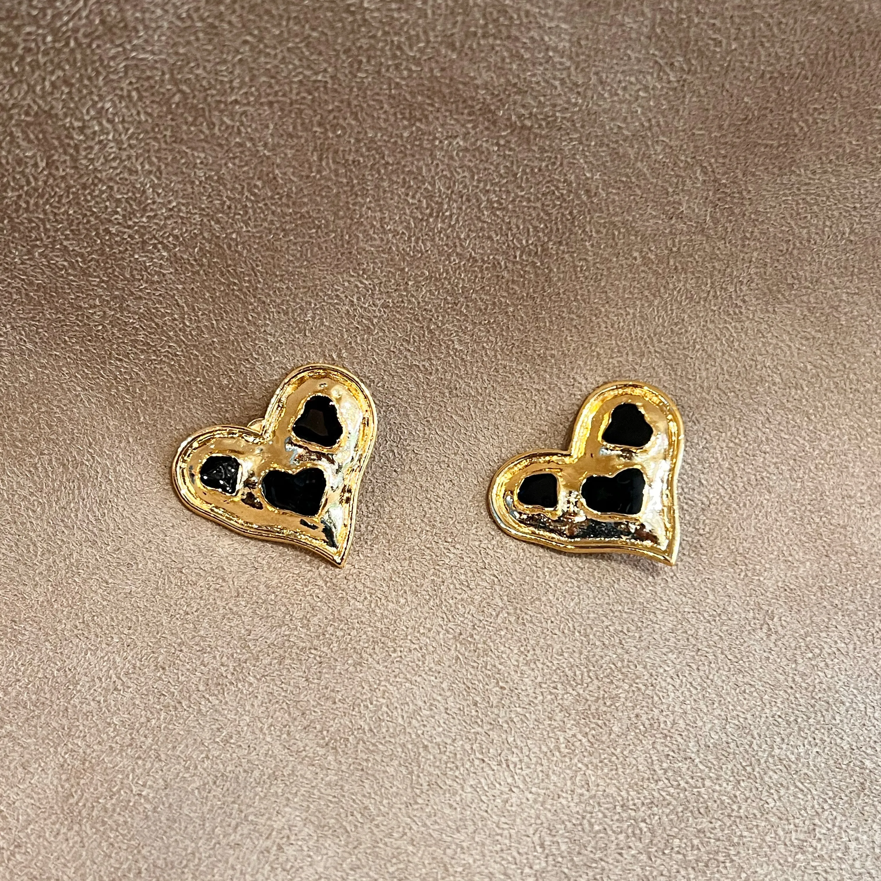 Vintage Black Enamel Gold Plated  Heart Clip on Earrings