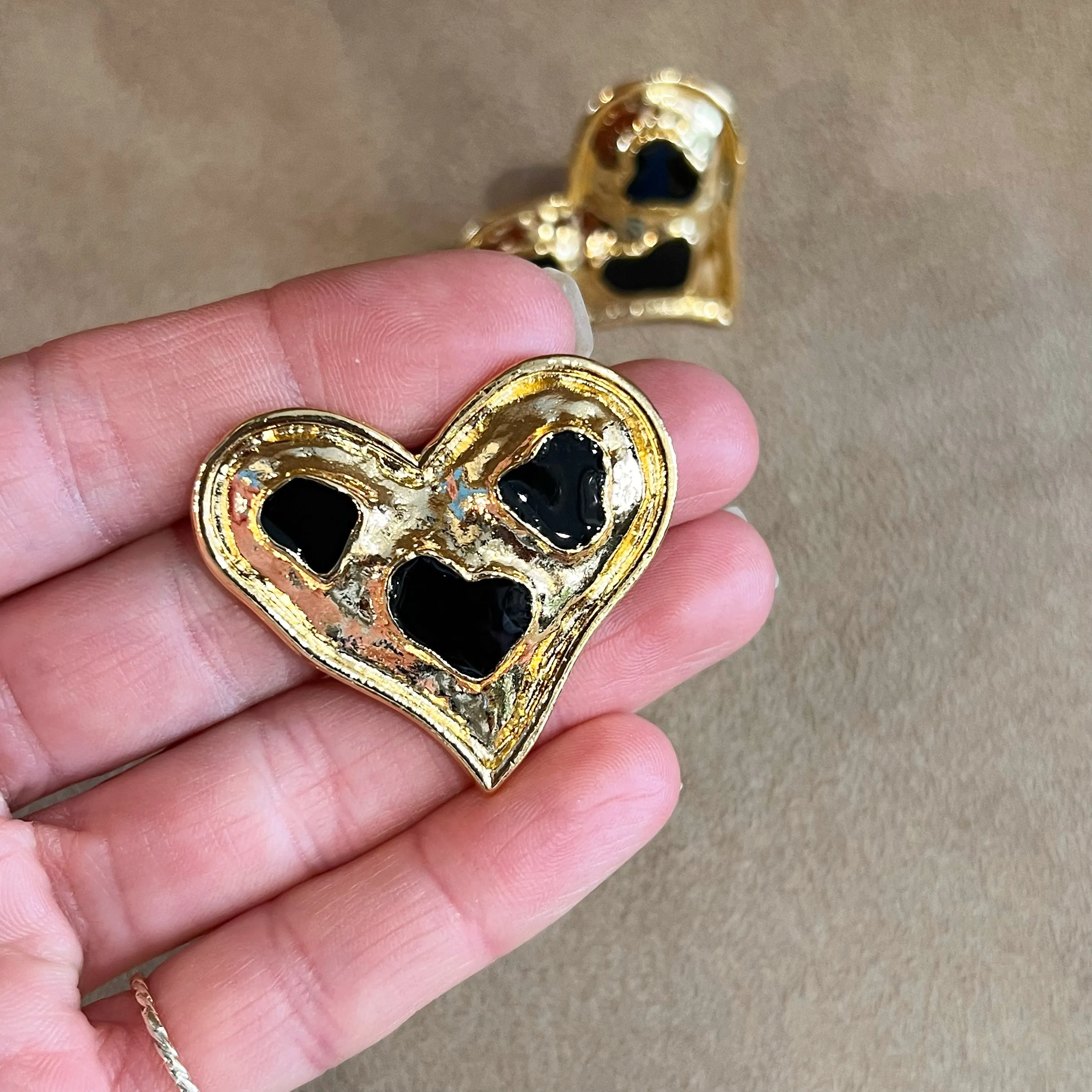 Vintage Black Enamel Gold Plated  Heart Clip on Earrings