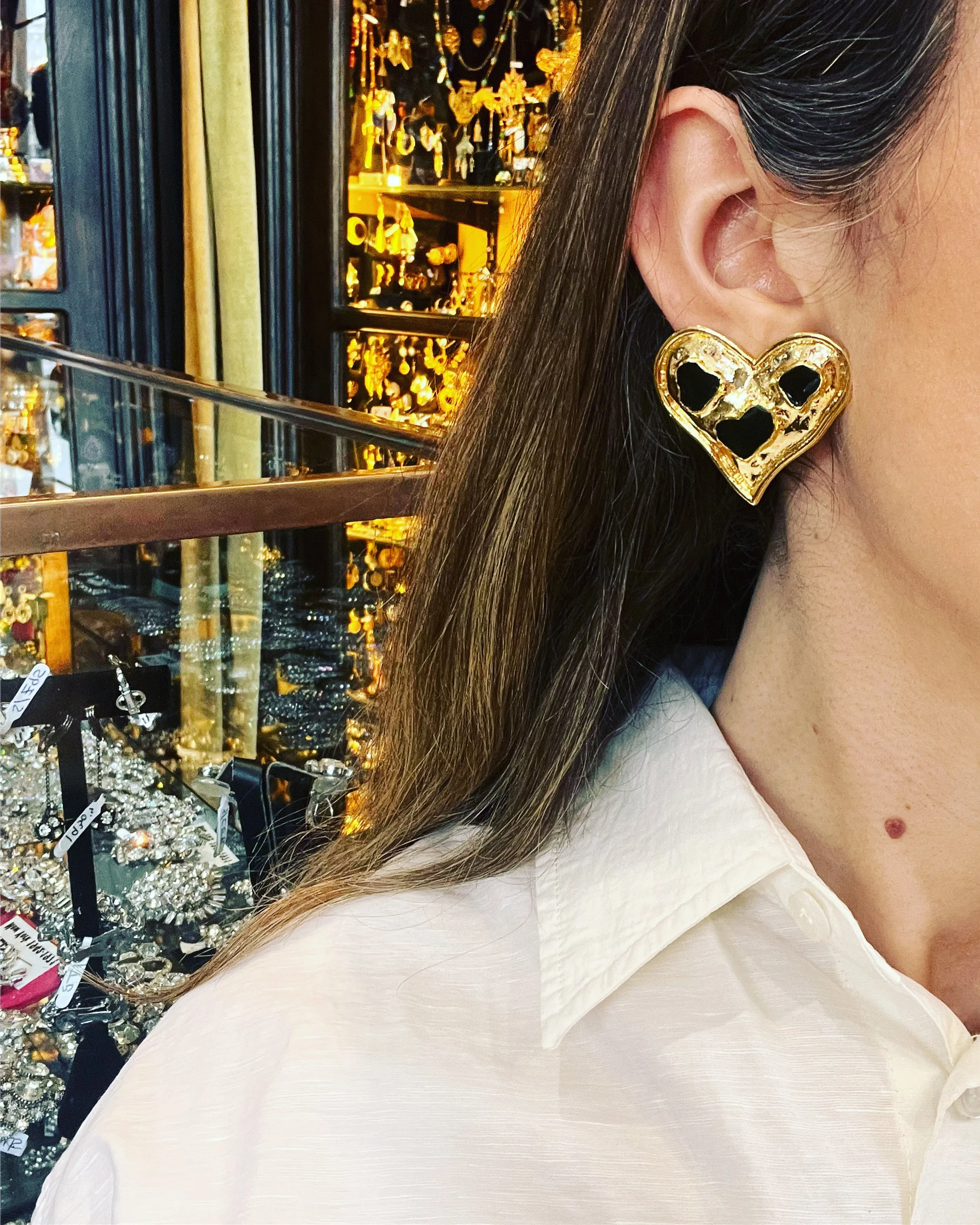 Vintage Black Enamel Gold Plated  Heart Clip on Earrings