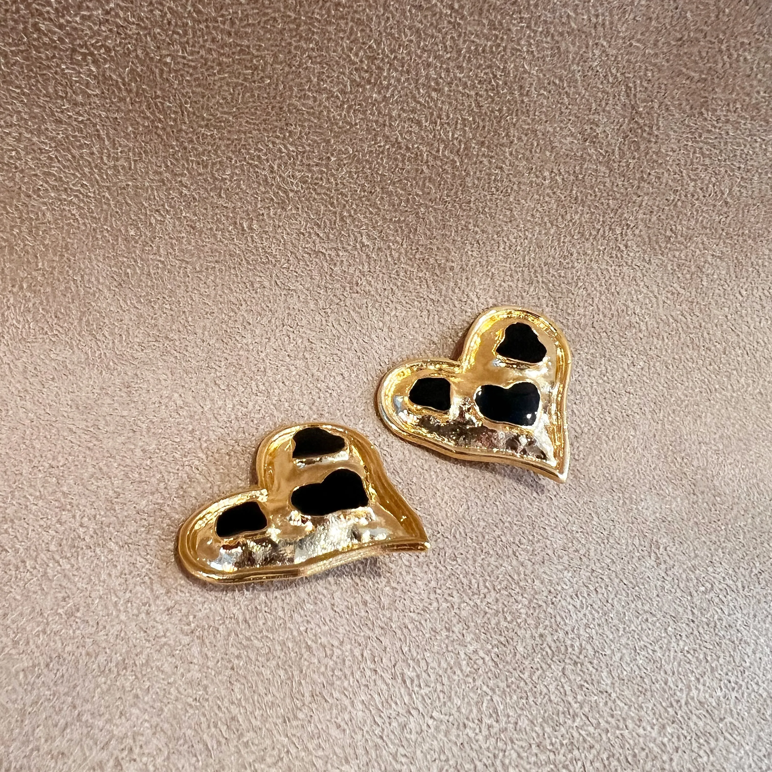 Vintage Black Enamel Gold Plated  Heart Clip on Earrings