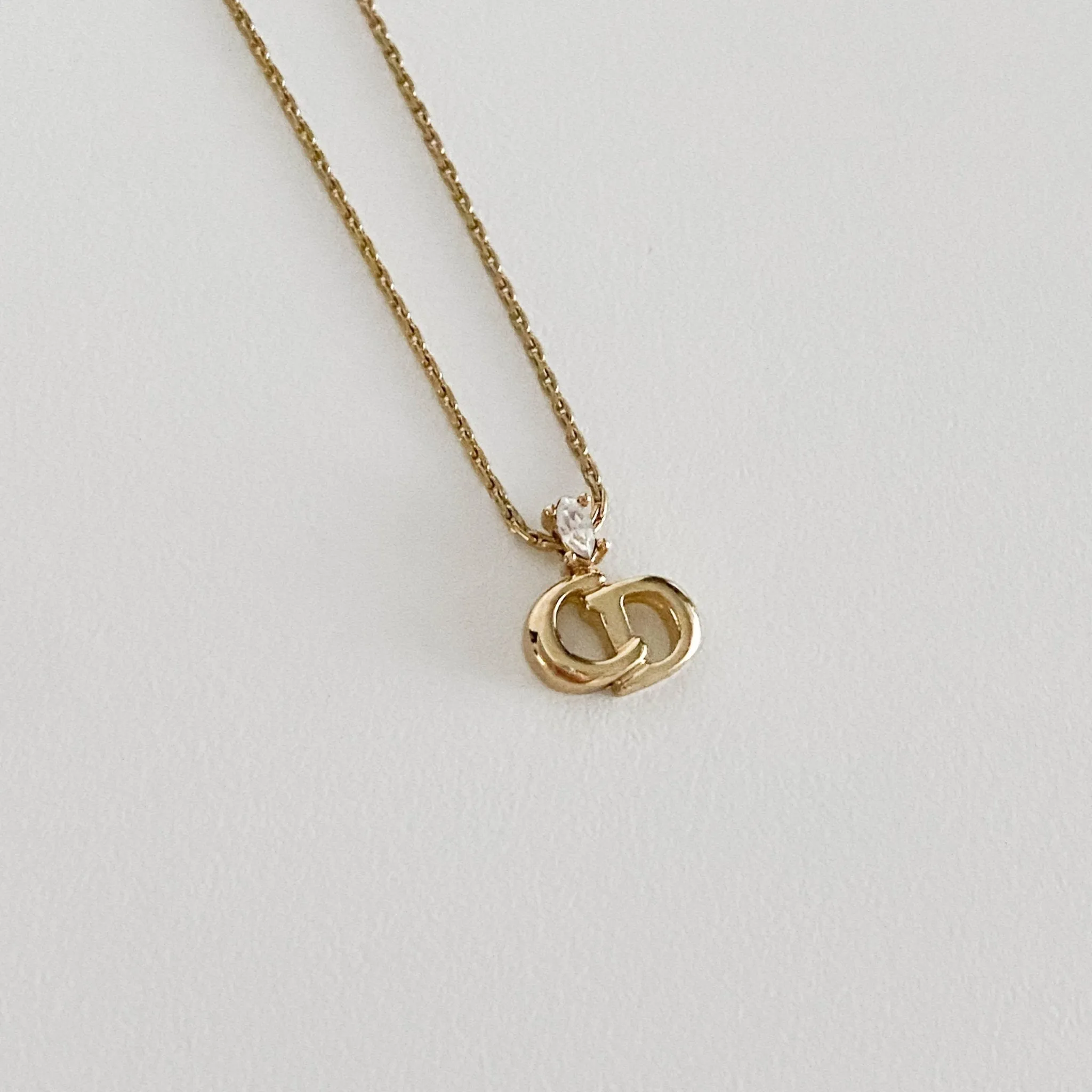 Vintage Dior Logo Plate 43cm Gold Necklace With a Rhinestone