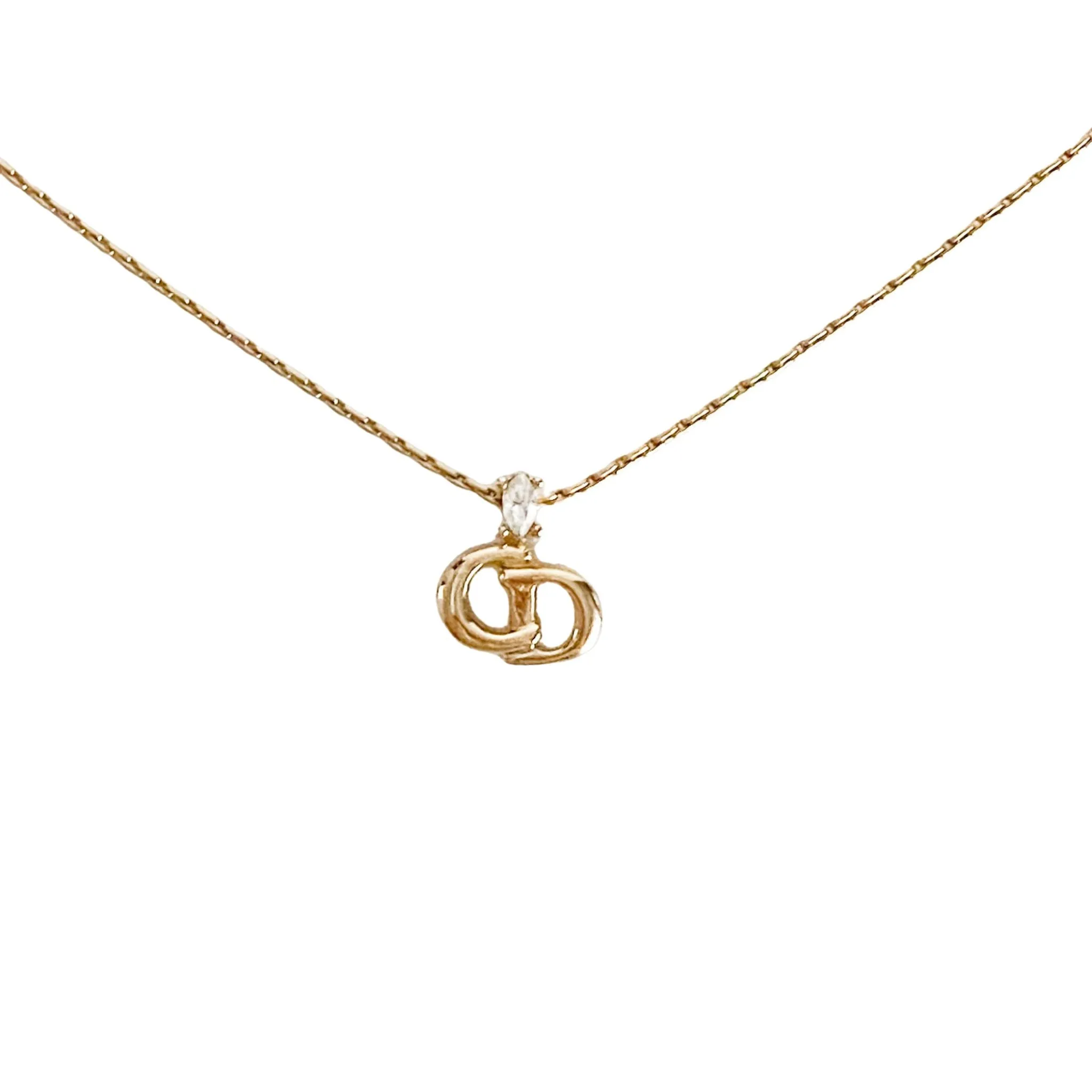 Vintage Dior Logo Plate 43cm Gold Necklace With a Rhinestone