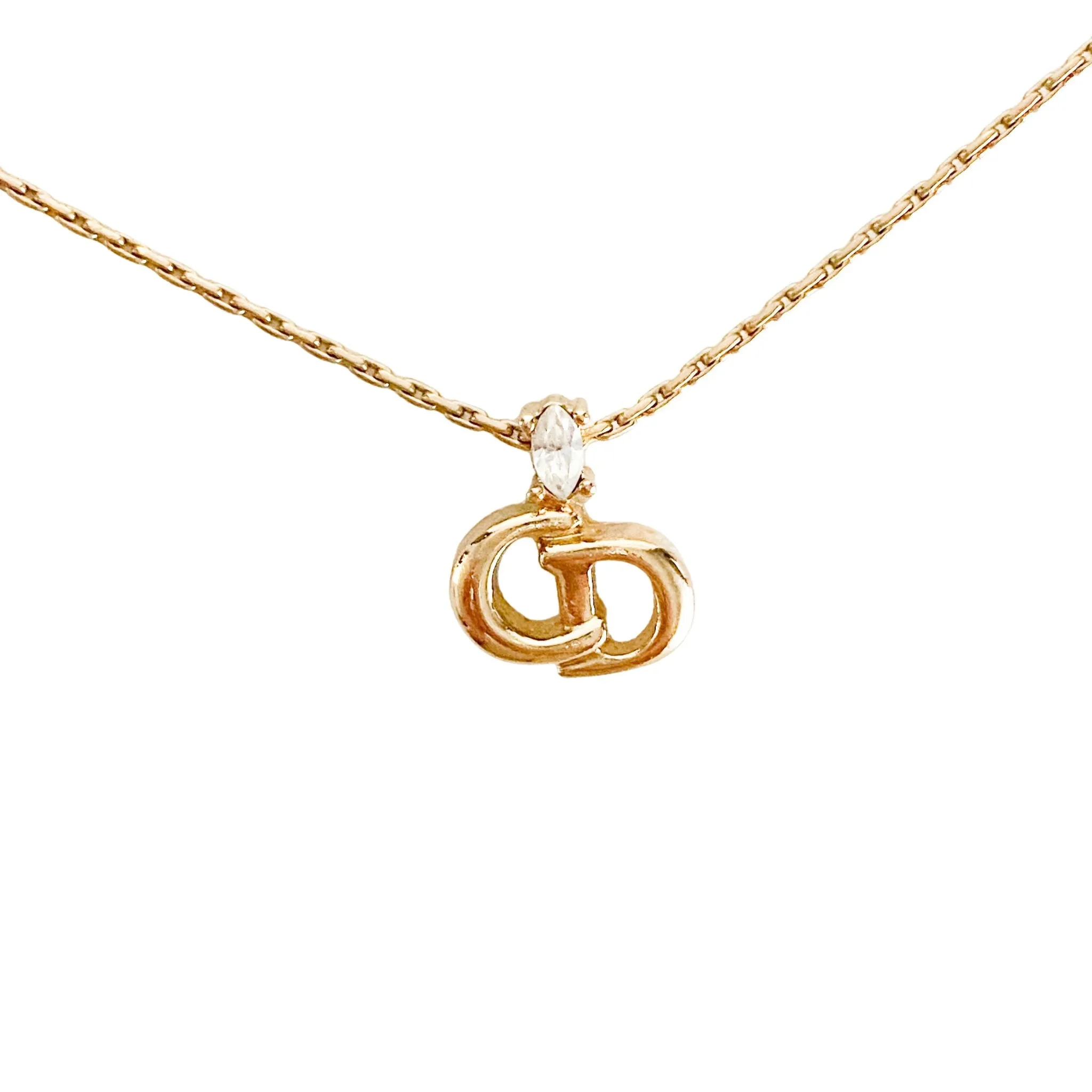 Vintage Dior Logo Plate 43cm Gold Necklace With a Rhinestone