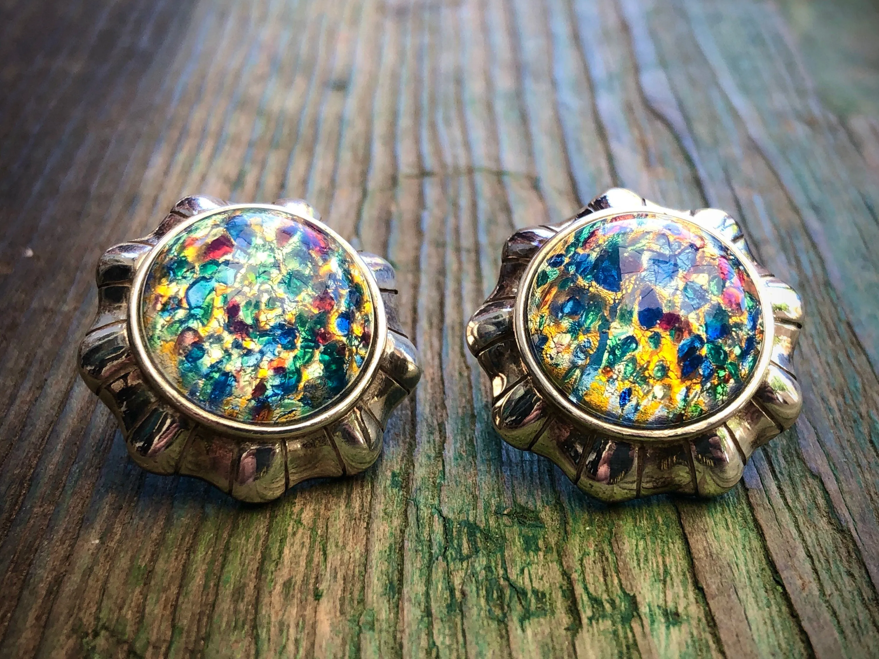 Vintage Dragons Breath Opal Art Glass Sterling Silver Pierced Post Button Earrings