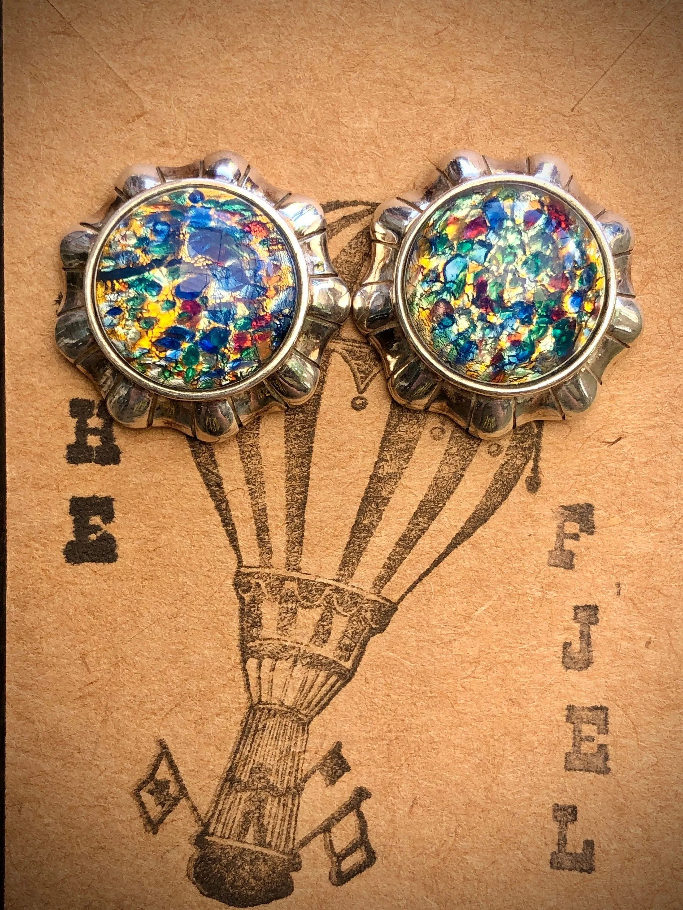 Vintage Dragons Breath Opal Art Glass Sterling Silver Pierced Post Button Earrings