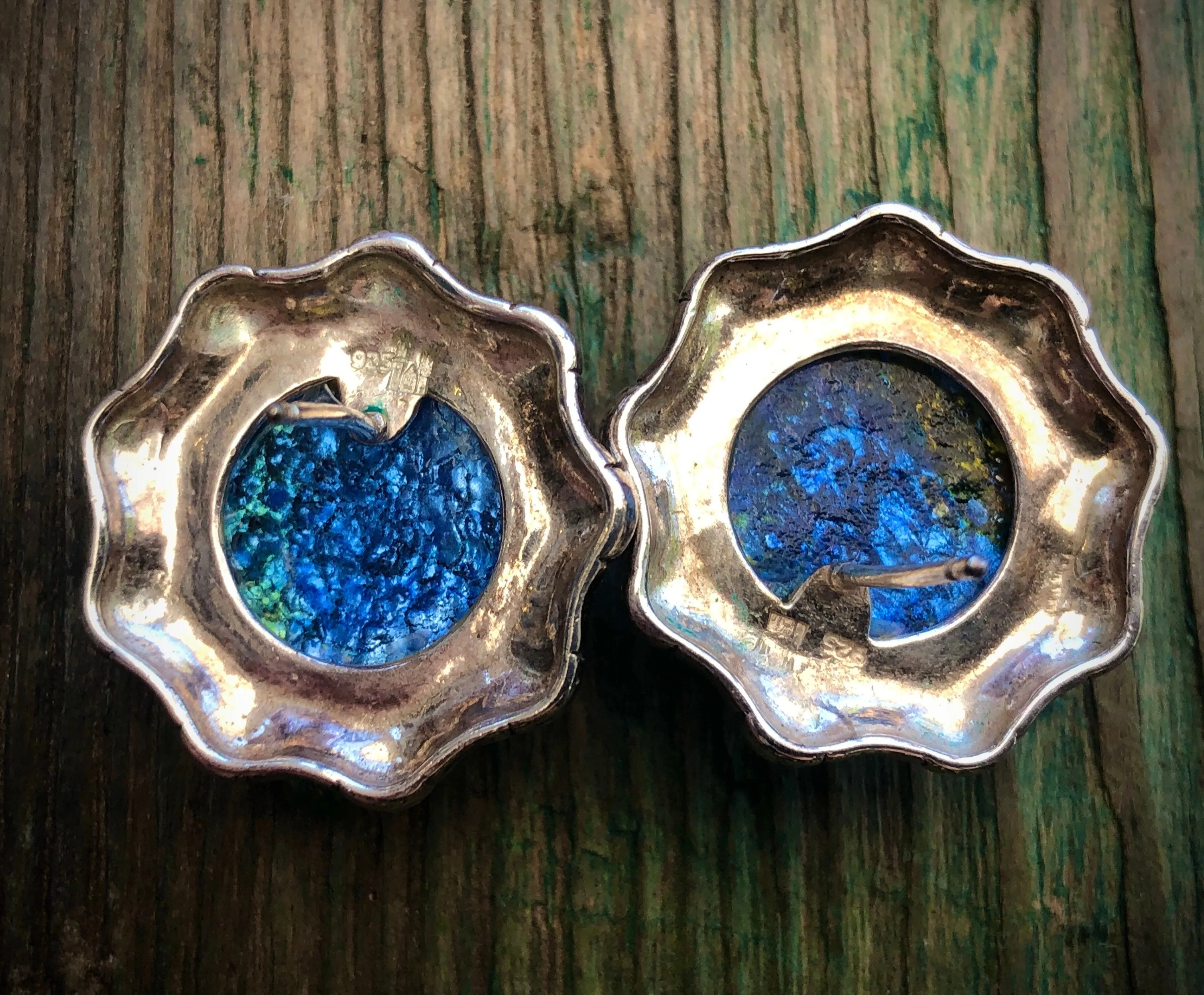 Vintage Dragons Breath Opal Art Glass Sterling Silver Pierced Post Button Earrings