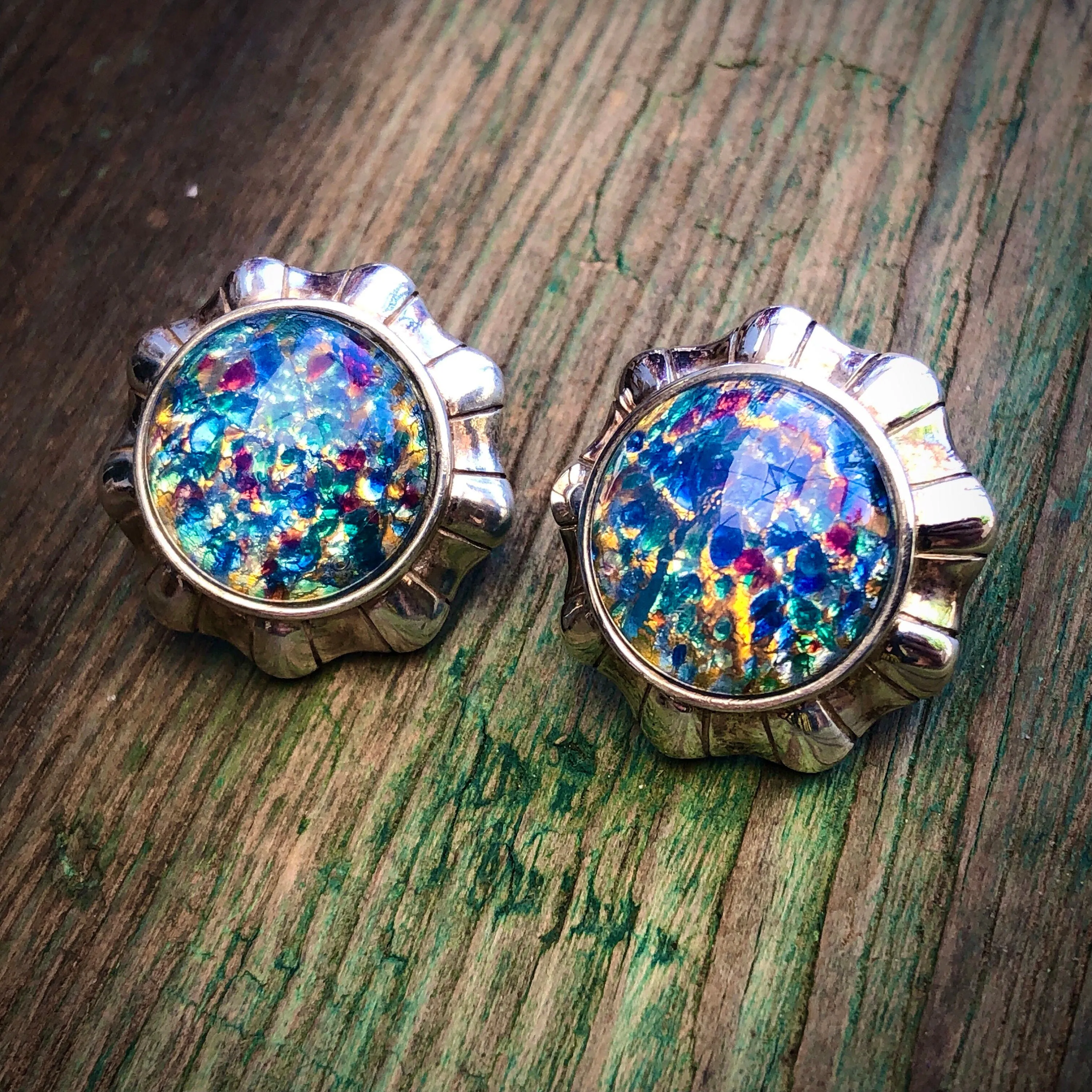 Vintage Dragons Breath Opal Art Glass Sterling Silver Pierced Post Button Earrings