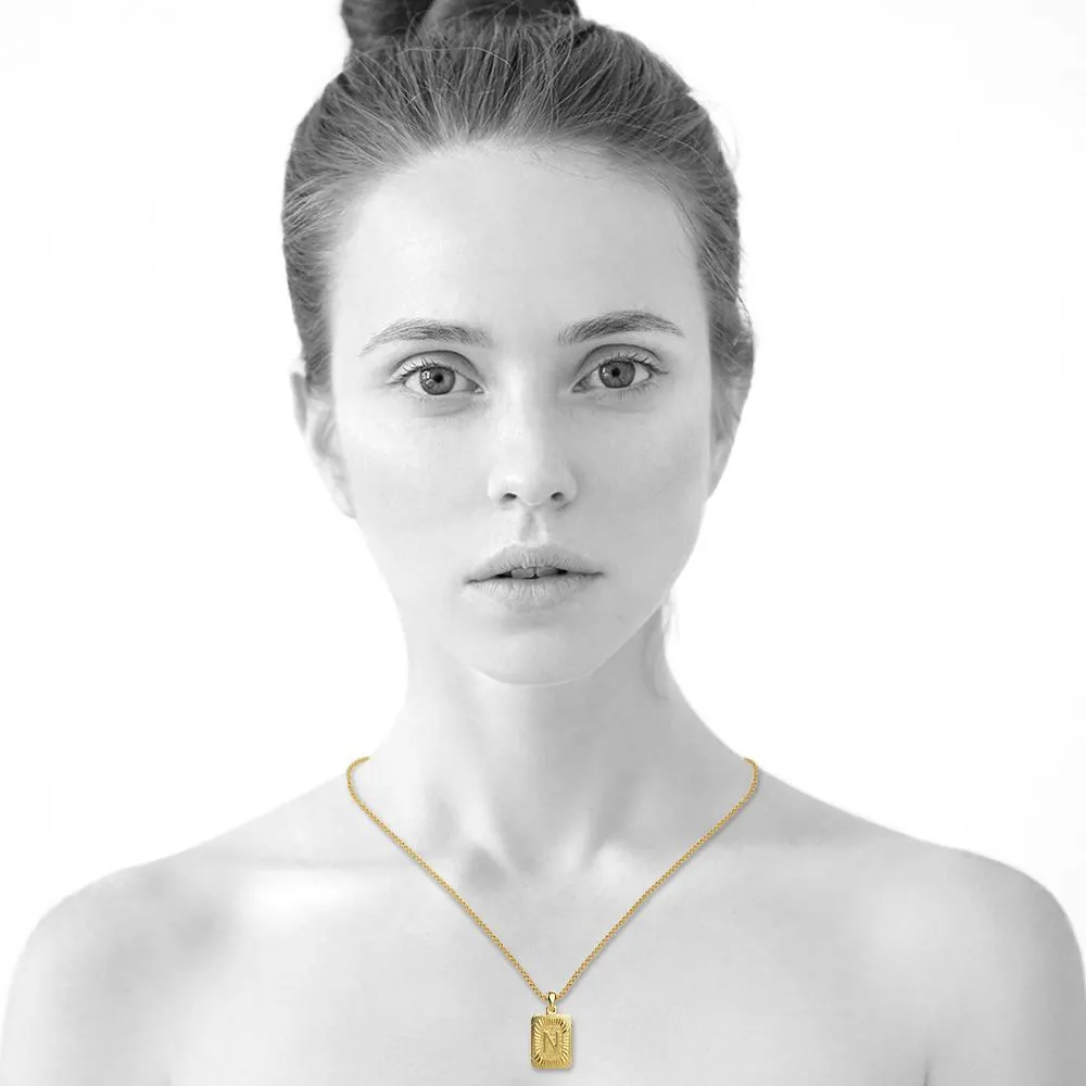 Vintage Inspired Initial Medal Gold Bar Pendant Round Box Chain Necklace