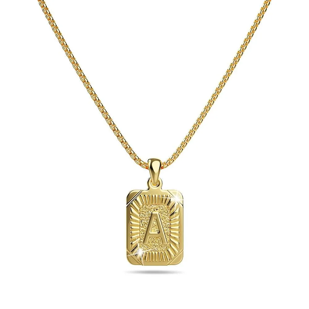 Vintage Inspired Initial Medal Gold Bar Pendant Round Box Chain Necklace