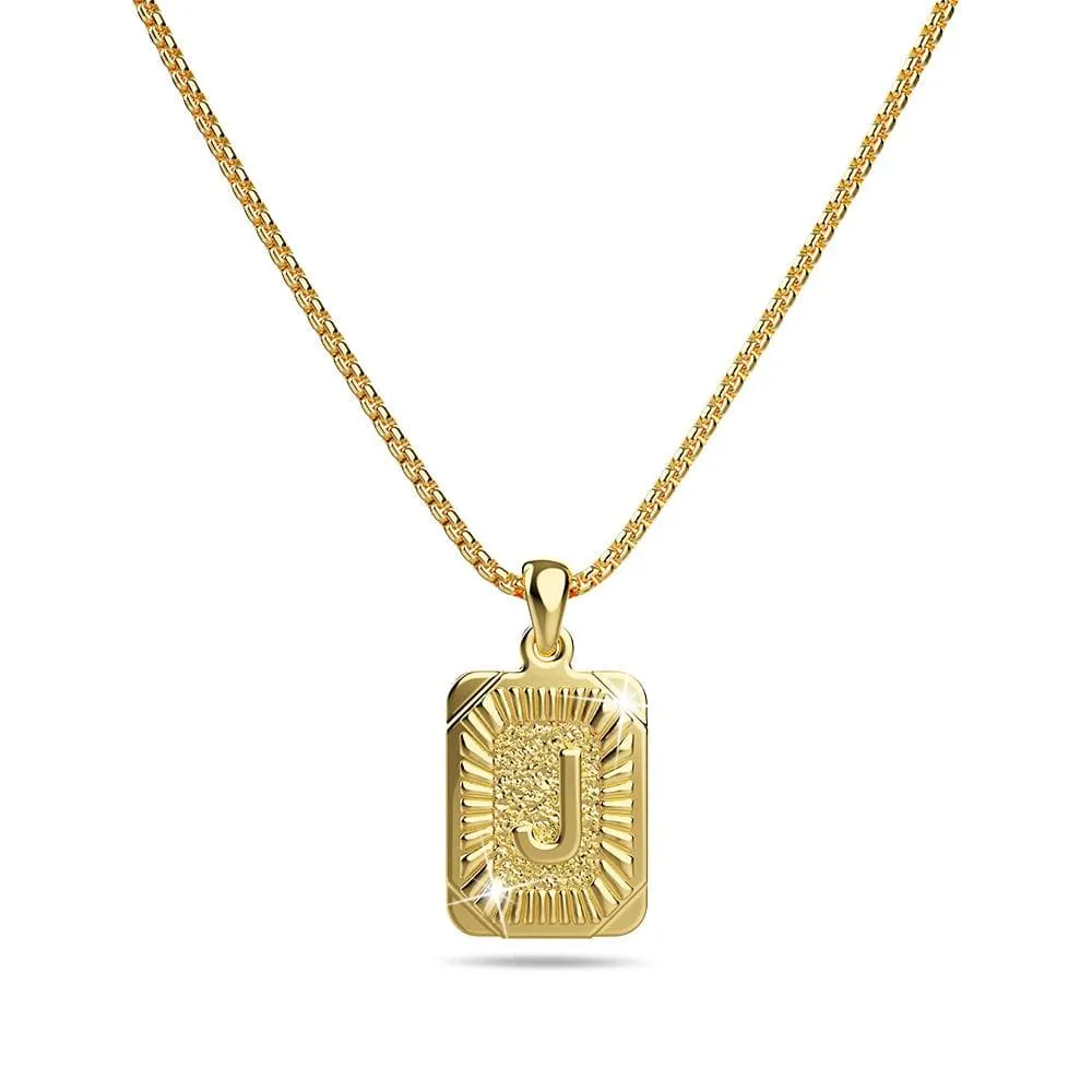 Vintage Inspired Initial Medal Gold Bar Pendant Round Box Chain Necklace