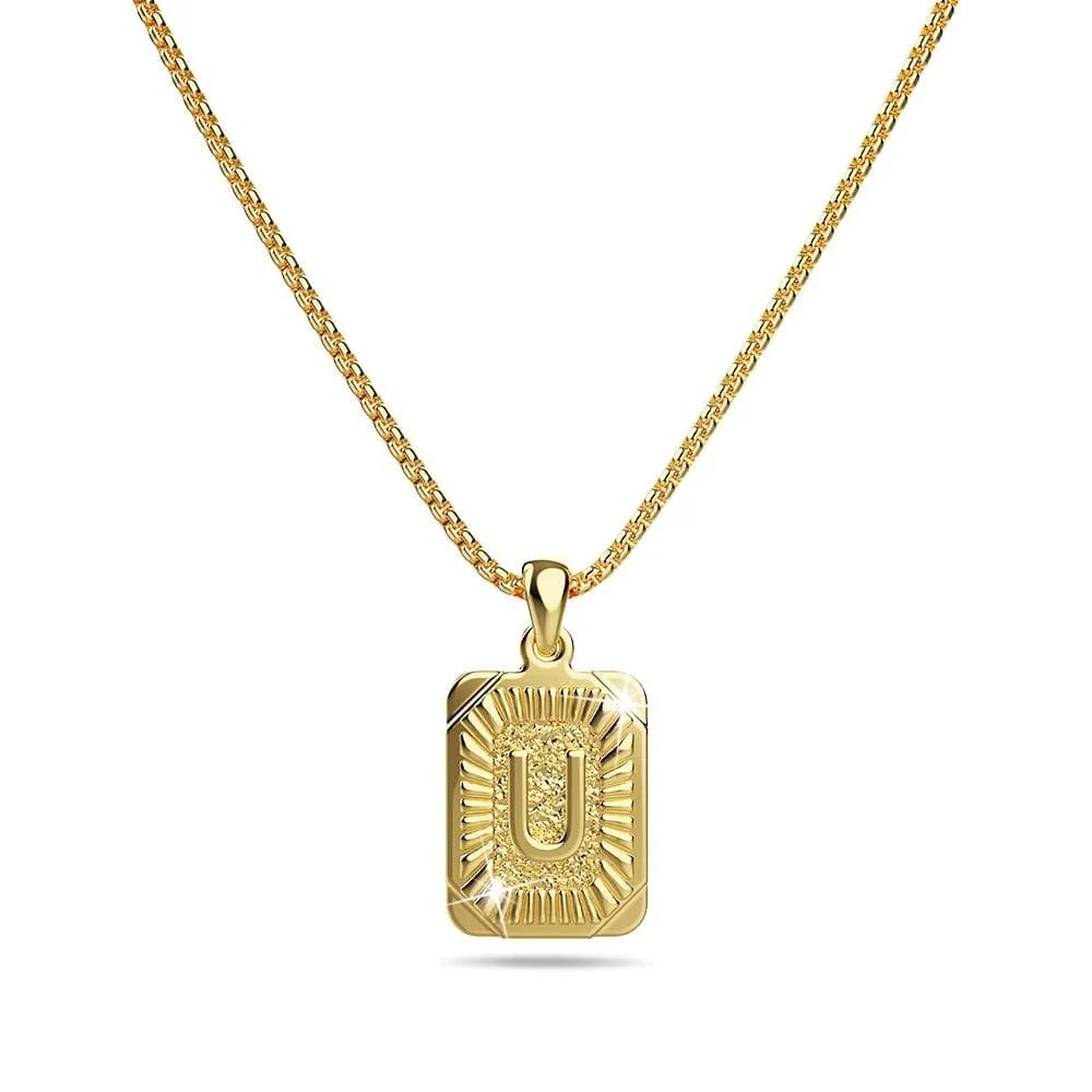 Vintage Inspired Initial Medal Gold Bar Pendant Round Box Chain Necklace
