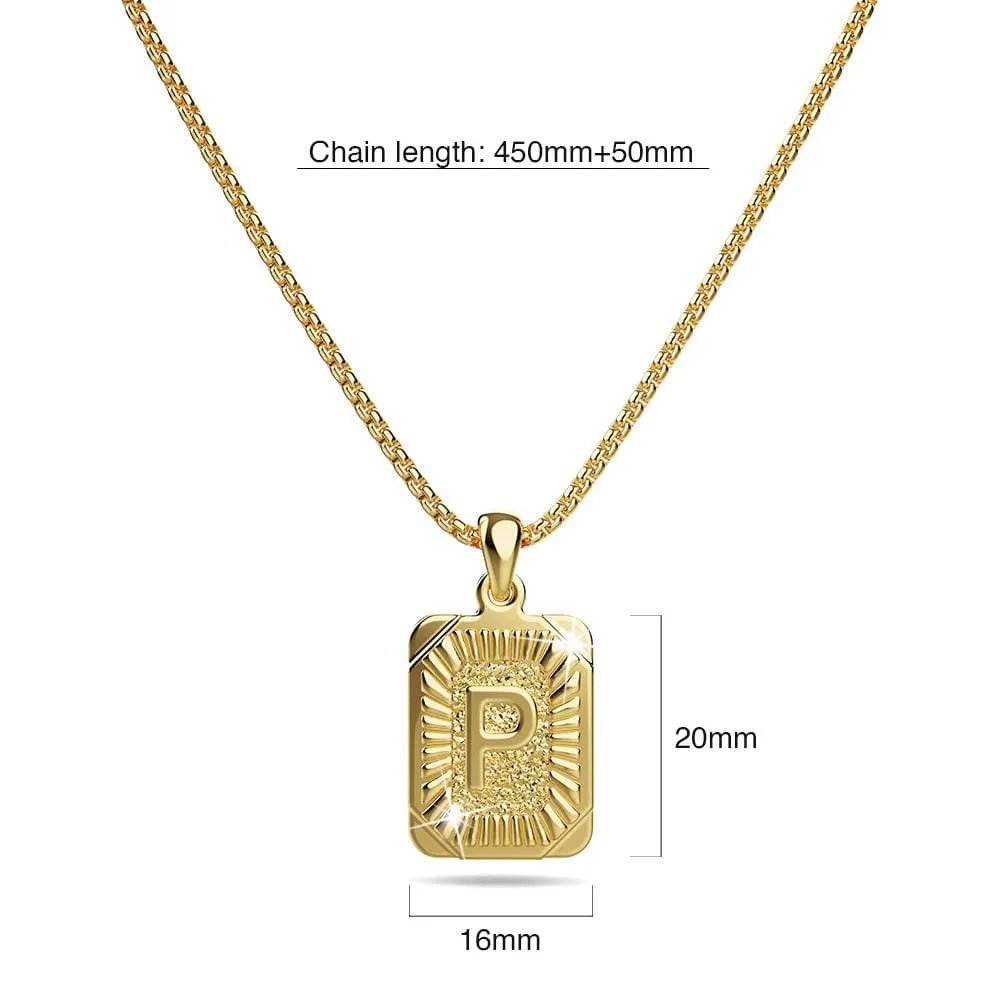 Vintage Inspired Initial Medal Gold Bar Pendant Round Box Chain Necklace