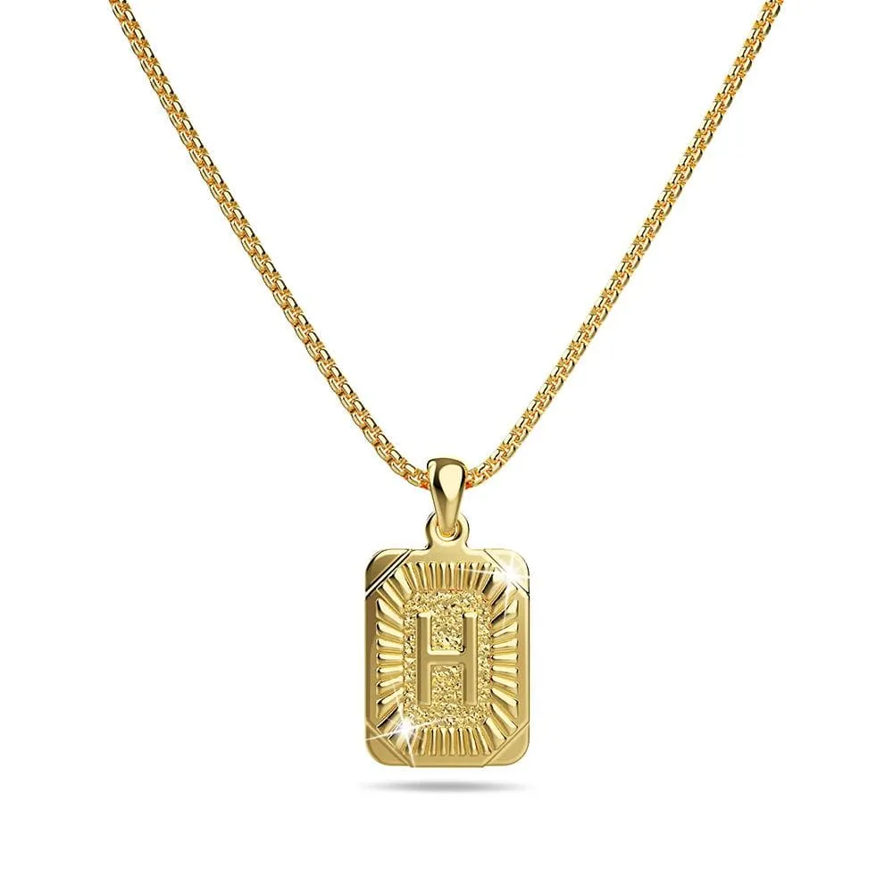 Vintage Inspired Initial Medal Gold Bar Pendant Round Box Chain Necklace