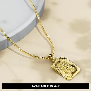 Vintage Inspired Initial Medal Gold Bar Pendant Round Box Chain Necklace