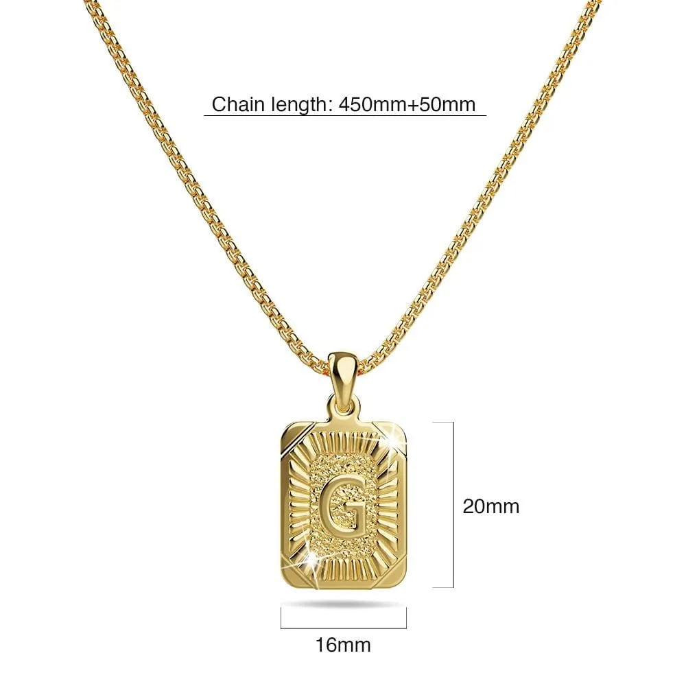 Vintage Inspired Initial Medal Gold Bar Pendant Round Box Chain Necklace