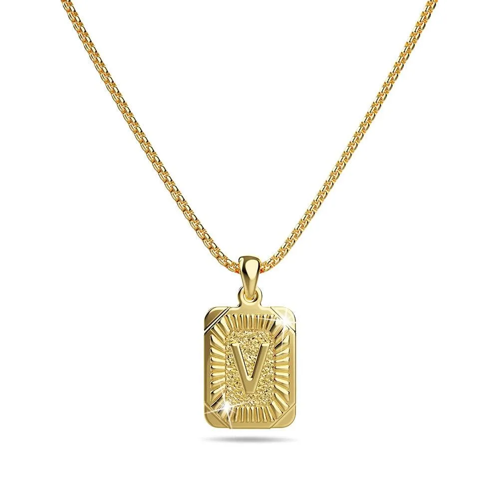Vintage Inspired Initial Medal Gold Bar Pendant Round Box Chain Necklace