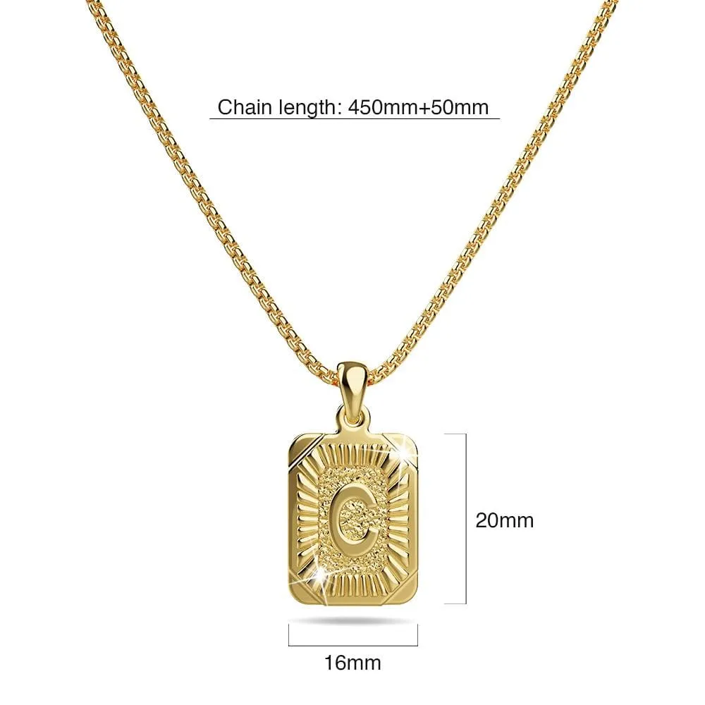 Vintage Inspired Initial Medal Gold Bar Pendant Round Box Chain Necklace