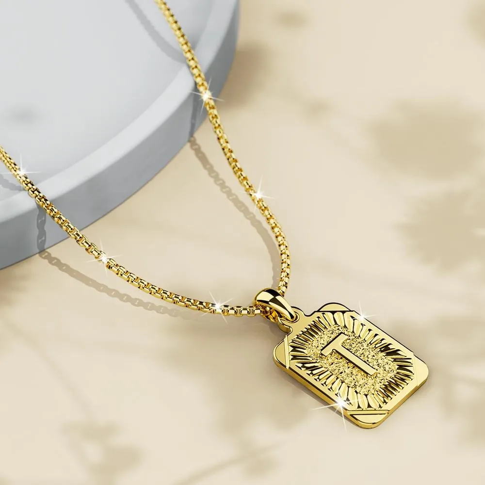 Vintage Inspired Initial Medal Gold Bar Pendant Round Box Chain Necklace