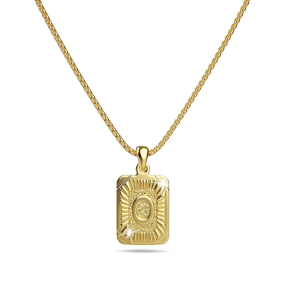 Vintage Inspired Initial Medal Gold Bar Pendant Round Box Chain Necklace