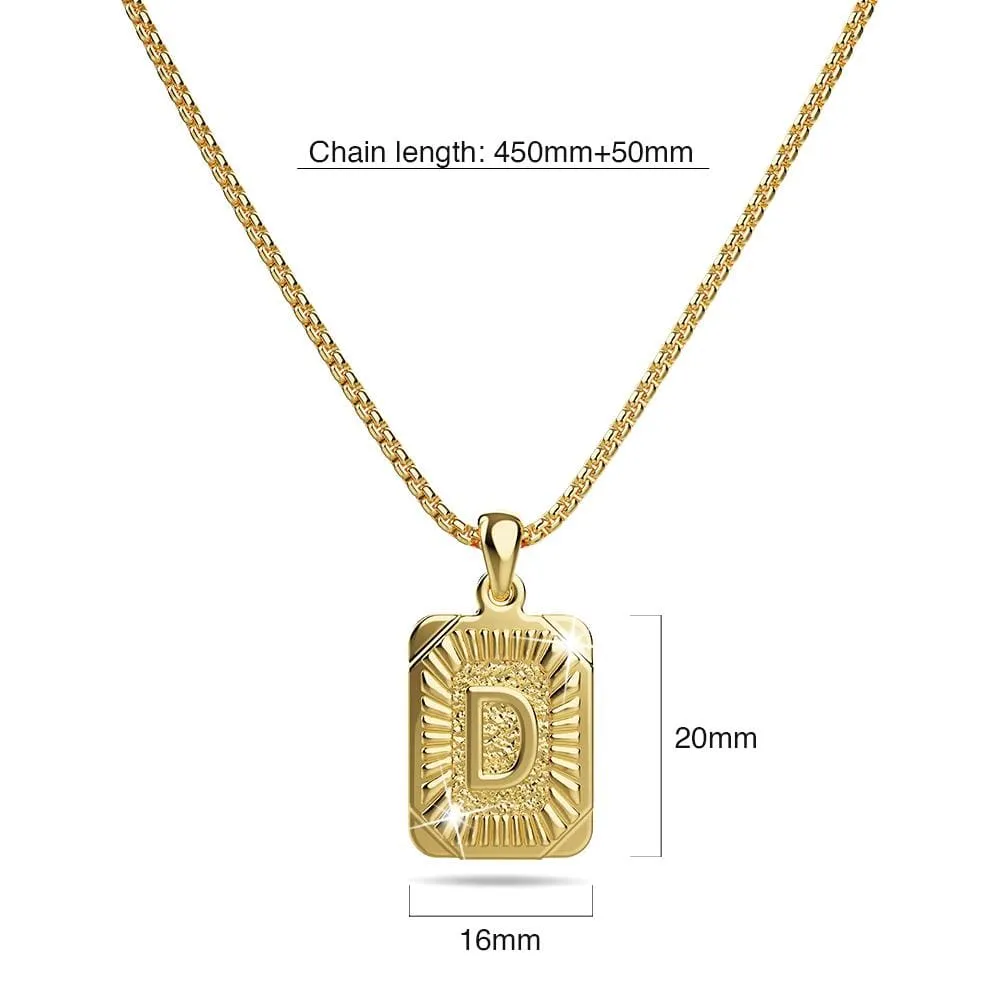 Vintage Inspired Initial Medal Gold Bar Pendant Round Box Chain Necklace