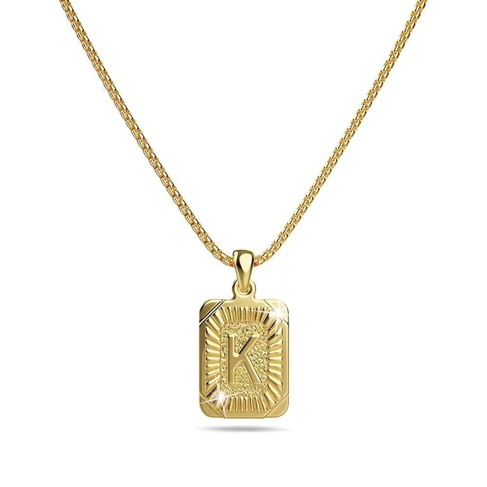 Vintage Inspired Initial Medal Gold Bar Pendant Round Box Chain Necklace