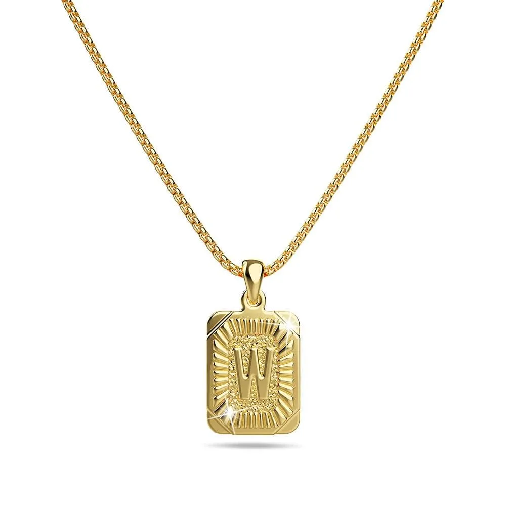 Vintage Inspired Initial Medal Gold Bar Pendant Round Box Chain Necklace