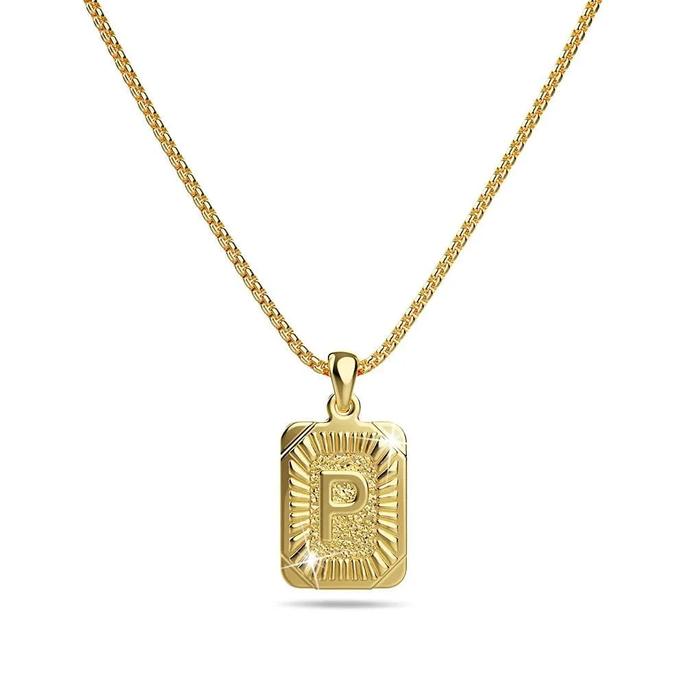 Vintage Inspired Initial Medal Gold Bar Pendant Round Box Chain Necklace