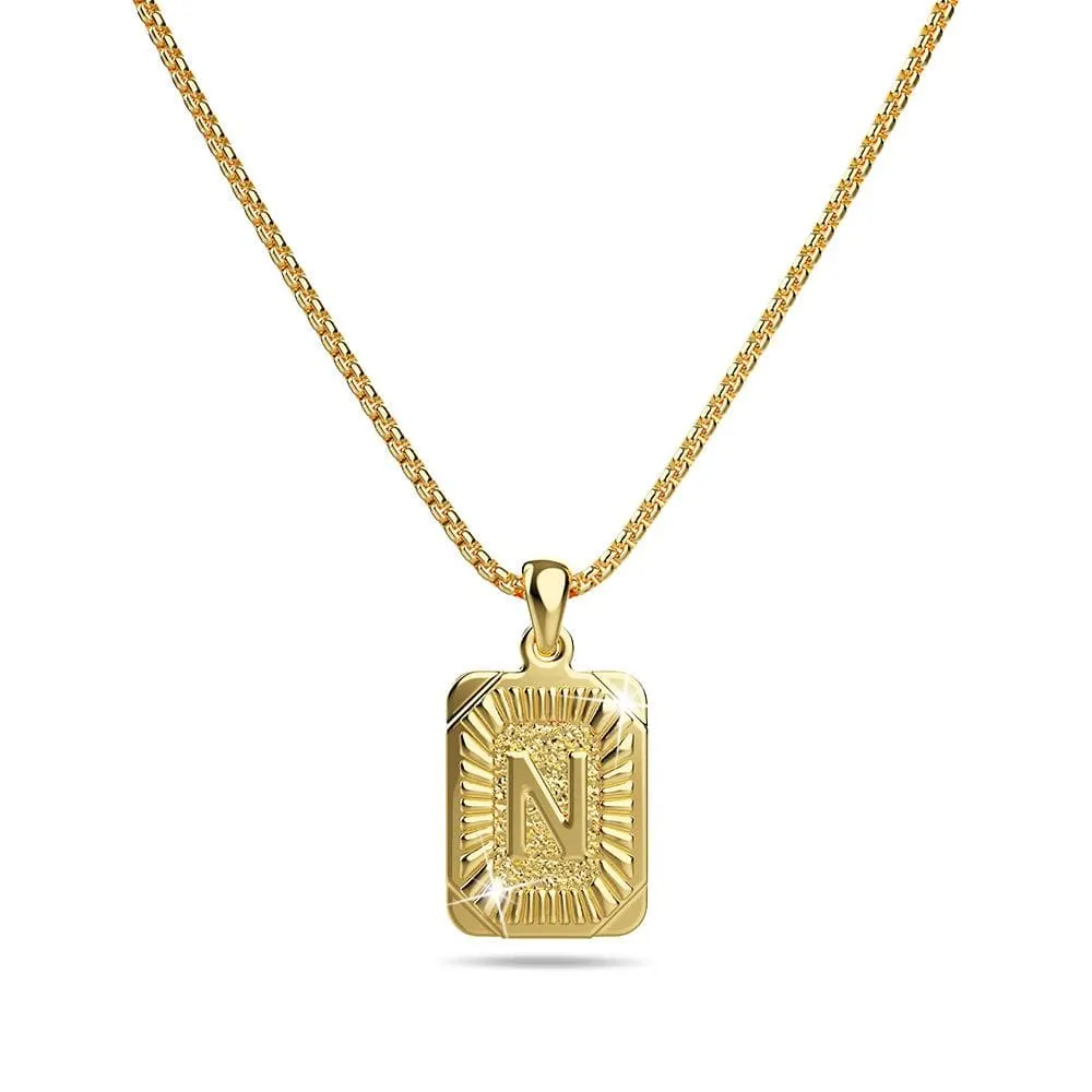 Vintage Inspired Initial Medal Gold Bar Pendant Round Box Chain Necklace