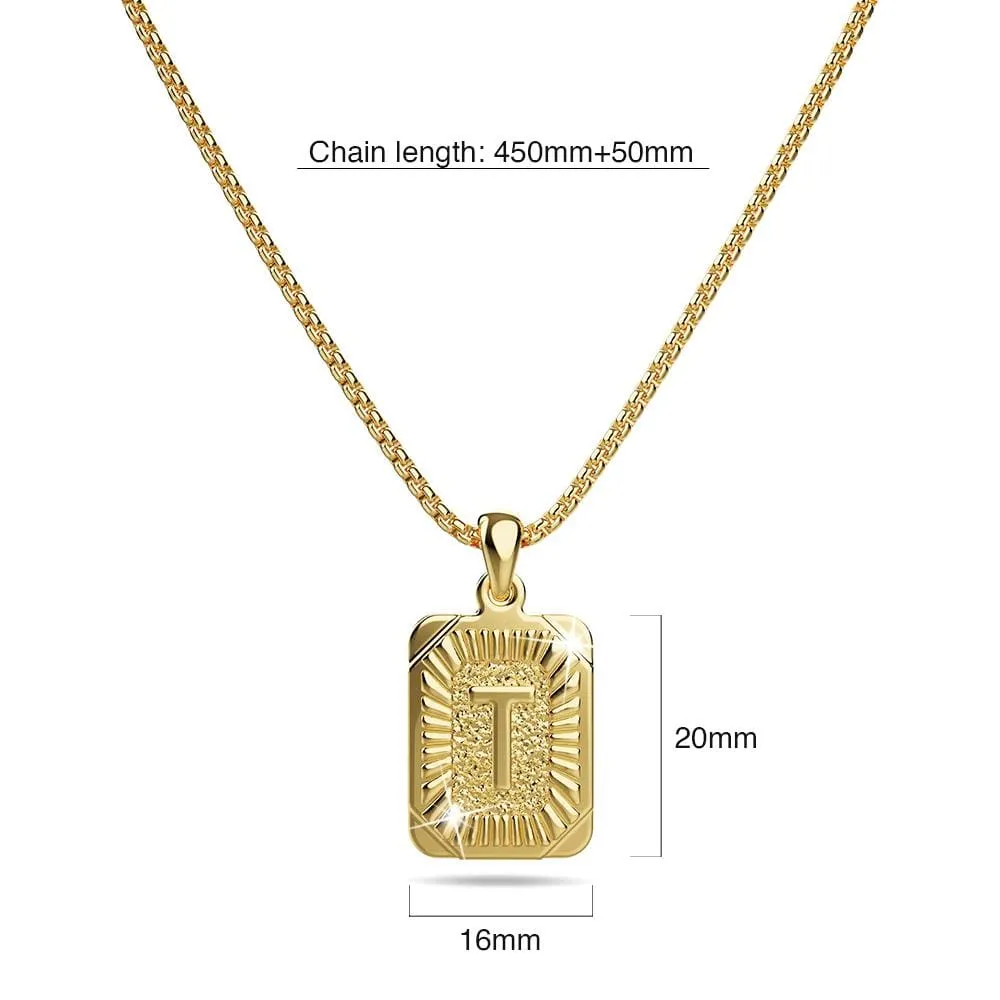 Vintage Inspired Initial Medal Gold Bar Pendant Round Box Chain Necklace