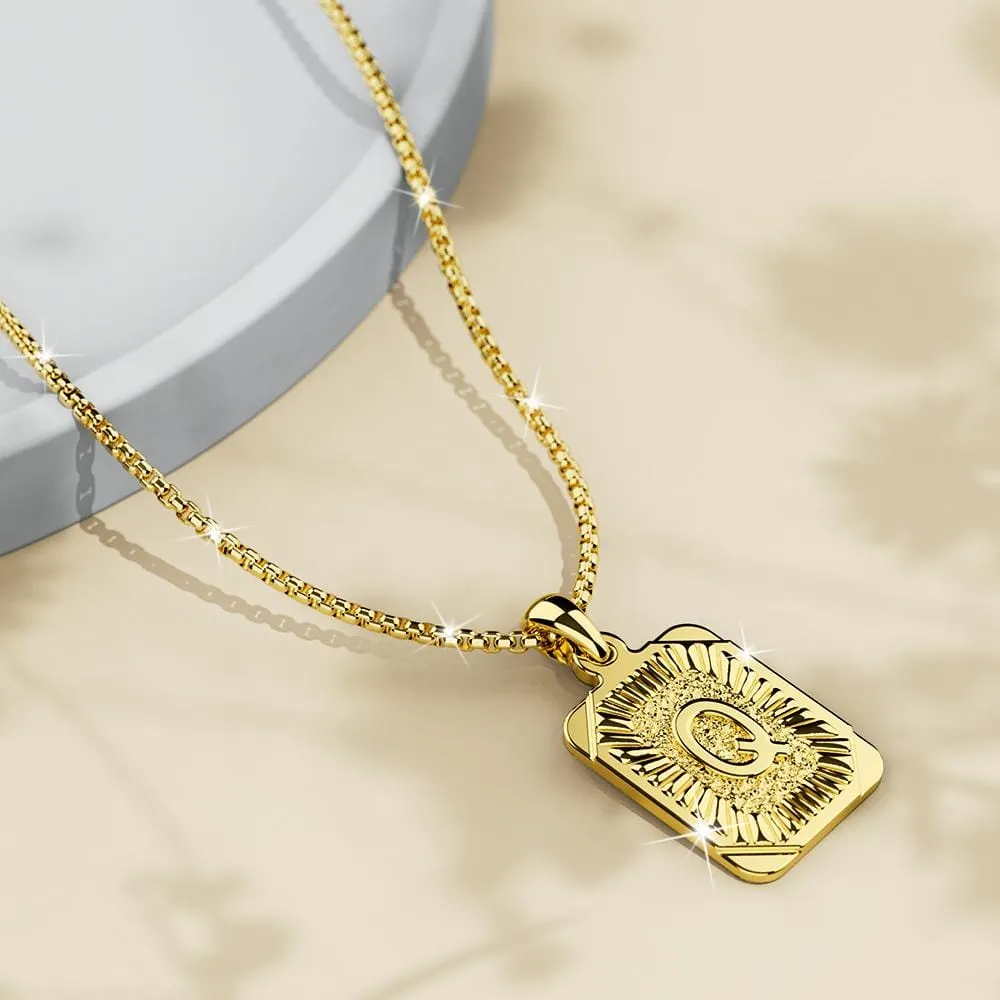 Vintage Inspired Initial Medal Gold Bar Pendant Round Box Chain Necklace