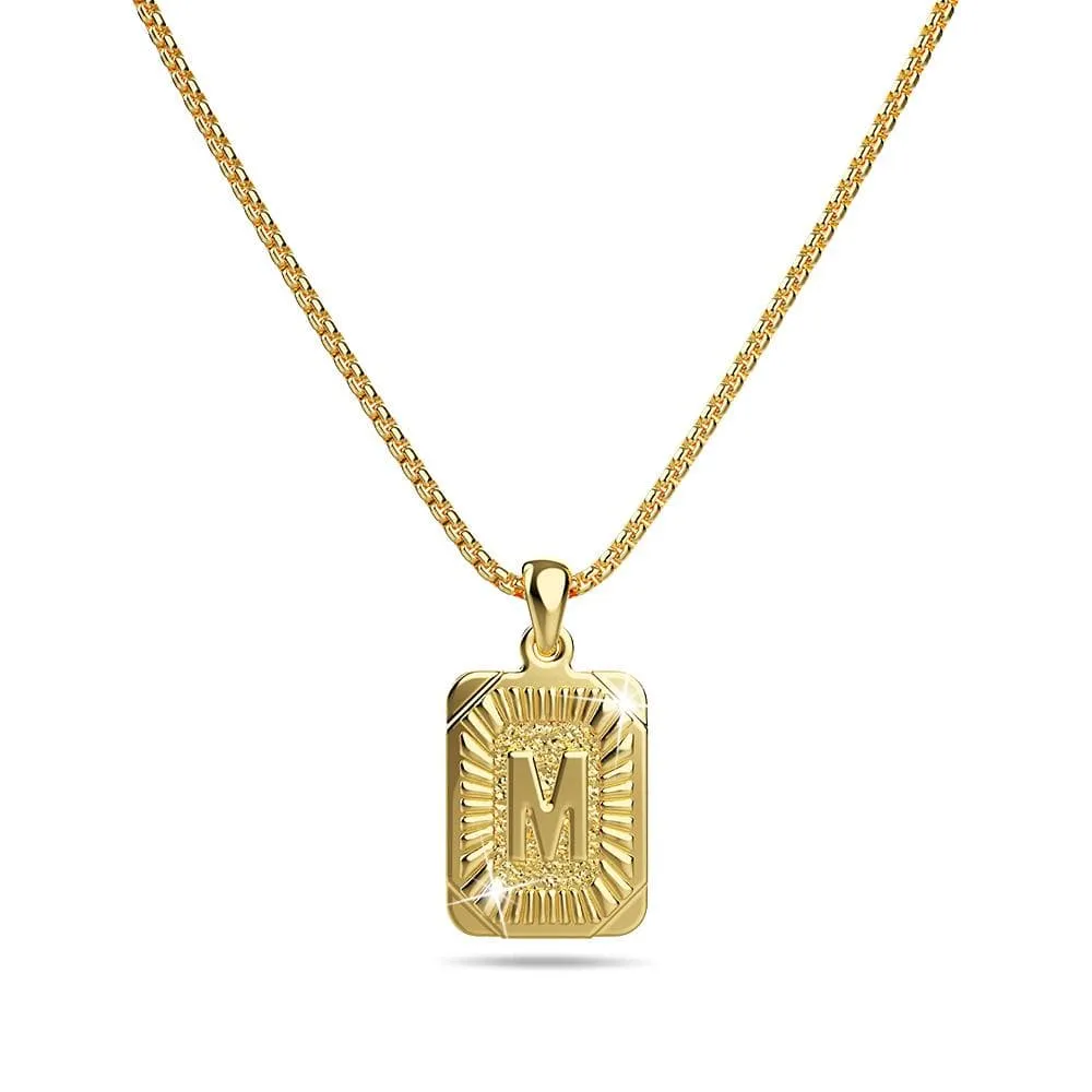 Vintage Inspired Initial Medal Gold Bar Pendant Round Box Chain Necklace