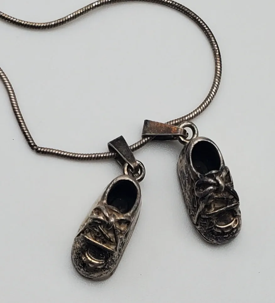 Vintage Sterling Silver Baby Shoe Pendants on Sterling Silver Necklace - 24"