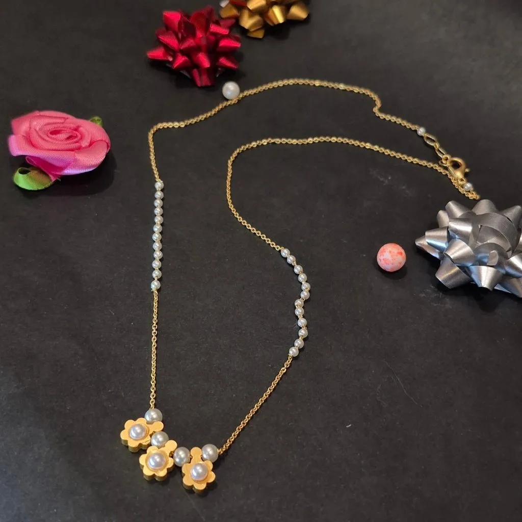 White bliss pearl chain necklace gold embelished pendant with matching ear tops