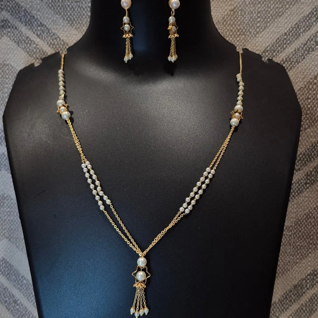 White bliss pearl chain necklace gold embelished pendant with matching ear tops