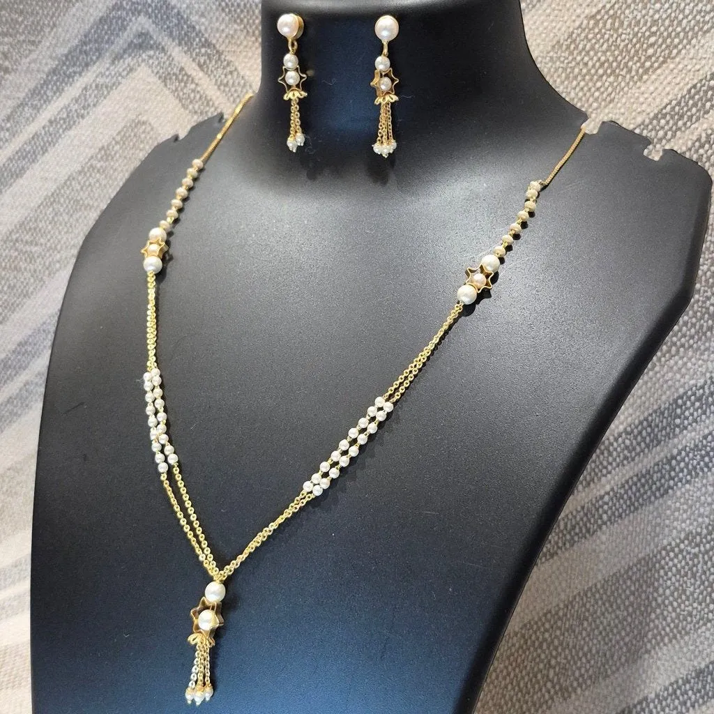 White bliss pearl chain necklace gold embelished pendant with matching ear tops