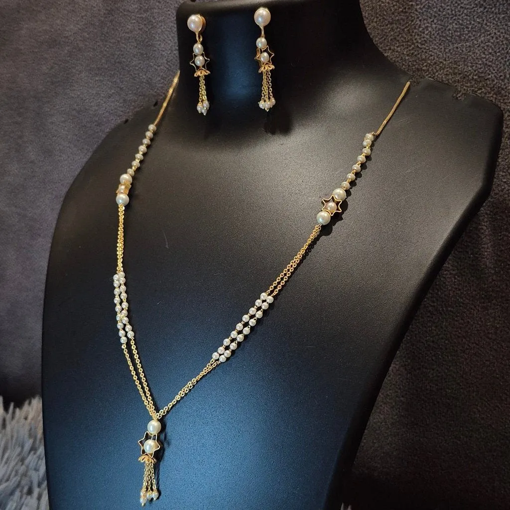 White bliss pearl chain necklace gold embelished pendant with matching ear tops