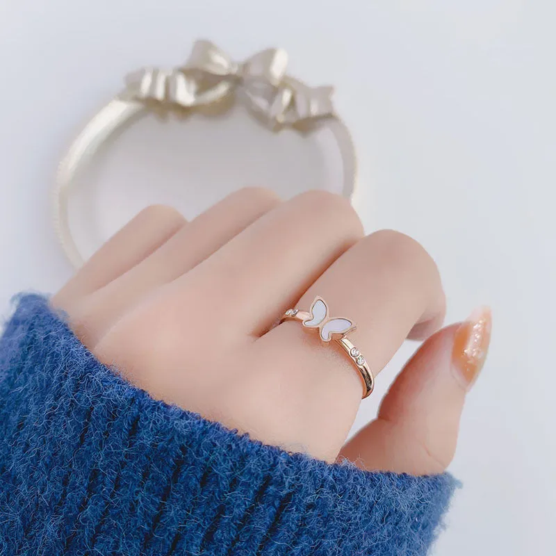 Wholesale Simple Titanium Steel White Shell Butterfly Ring