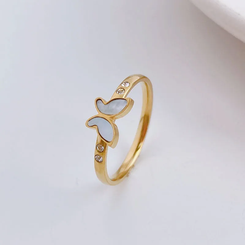 Wholesale Simple Titanium Steel White Shell Butterfly Ring