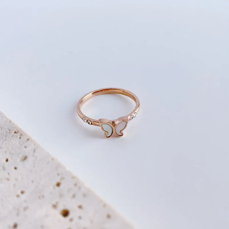 Wholesale Simple Titanium Steel White Shell Butterfly Ring