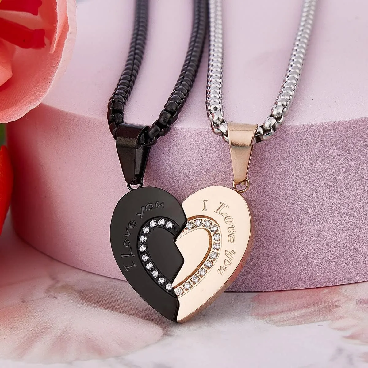 Wolentty Couple Matching Necklaces Broken Heart Pendants Inlaid Zirconic Stone Jewelry Gift for Valentine