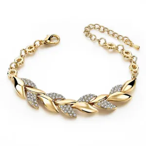 Women Elegant Gold Plated Rhinestone Leaves Chain Bangle