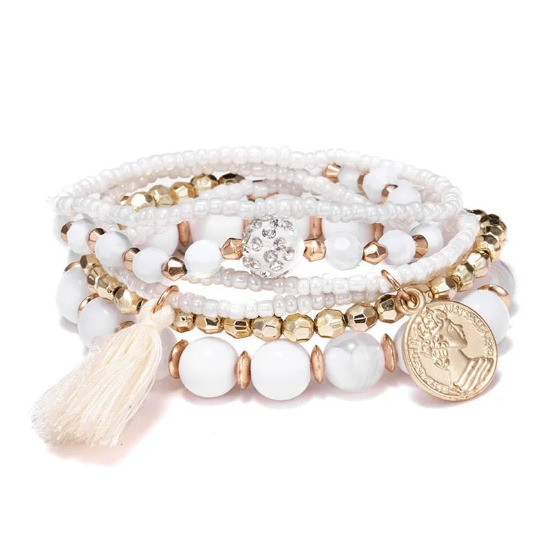 Women Fashion Beads Bracelets Multilayer Seed Bead Coin Charm Tassel Bracelet Set Female Wristband Jewelry Party Gift 6pcs/set