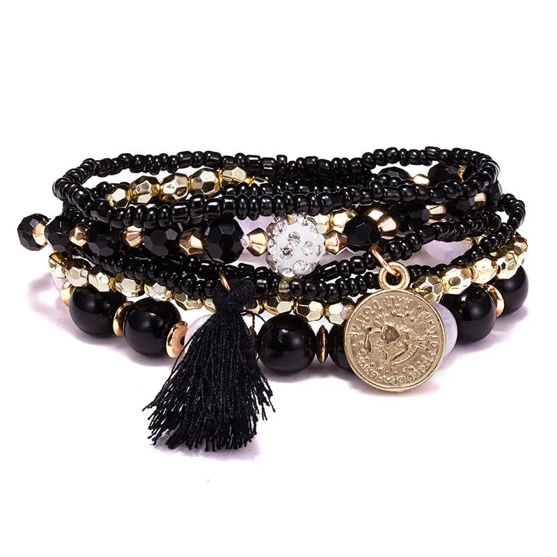 Women Fashion Beads Bracelets Multilayer Seed Bead Coin Charm Tassel Bracelet Set Female Wristband Jewelry Party Gift 6pcs/set