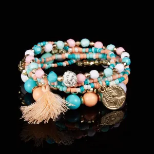 Women Fashion Beads Bracelets Multilayer Seed Bead Coin Charm Tassel Bracelet Set Female Wristband Jewelry Party Gift 6pcs/set